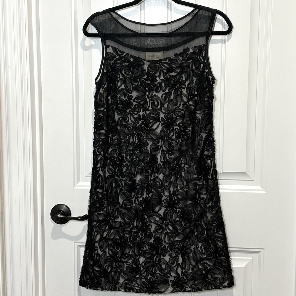 MARCHESA NOTTE Black Floral Appliqué COCKTAIL MIDI DRESS Romantic 10 $650